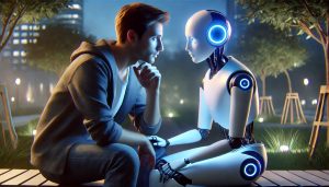 DALL·E-2025-01-25-20.15.03-An-emotional-and-intimate-scene-where-a-man-is-confiding-in-a-humanoid-robot-named-Luce.-The-man-is-sitting-on-a-bench-in-a-serene-futuristic-park-1